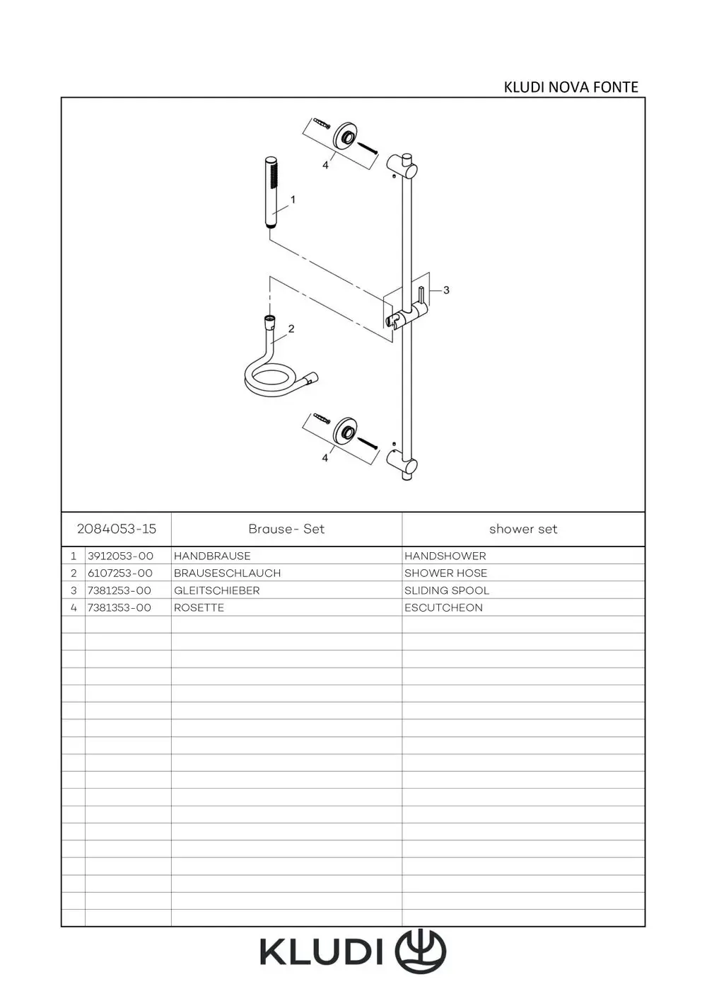 Kludi Duschset mit Handbrause, Brauseschlauch, Gleitscheiber und Escutcheon, abgebildet in schematischer Darstellung. Montageanleitung und Artikelnummern sind aufgeführt.